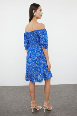 Mavi Cicekli Desenli Skater Etekli Carmen Yaka Viskon Dokuma Elbise TWOSS24EL01033