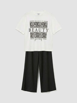 Bisiklet Yaka Bask?l? K?z ?ocuk Ti??rt ve Pantolon