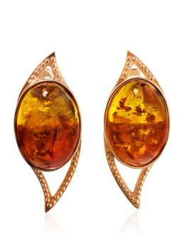 Нарядные серьги из позолоченного серебра и коньячного янтаря Прима