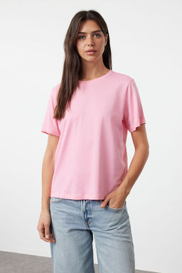 Pembe-beyaz %100 Pamuk Bisiklet Yaka 2li Paket Orme T-Shirt TWOSS20TS0141
