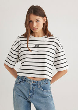 Mavi Logo Bask?l? Siyah Cizgili Crop Tisort  фото 2