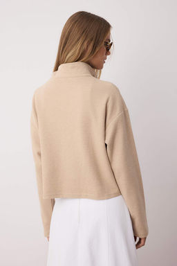 Bej Selanik/Triko Gorunumlu Fermuarl? Yaka Regular/Normal Kal?p Orme Sweatshirt TWOAW22SW0732