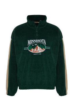 Zumrut Yesili Unisex Oversize/Genis Kesim Dik Yaka Anti-pilling Polar Sweatshirt TMNAW24SW00034