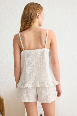 Trendyolmilla Ekru %100 Pamuklu F?rf?rl? Ip Ask?l? Sortlu Dokuma Pijama Tak?m? THMSS25PT00133  фото 5