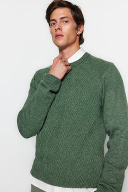 TRENDYOL MAN Gri Unisex Fit Yunlu Bisiklet Yaka Reglan Kol Dokulu Yun Kar?s?ml? Triko Kazak TMNAW22KZ0290