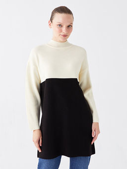 Yar?m Bal?k?? Yaka Renk Bloklu Uzun Kollu Oversize Kad?n Triko Tunik