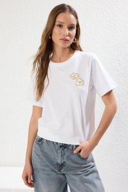 TRENDYOLMILLA Lacivert %100 Pamuk Cicek Nak?sl? Regular/Normal Kal?p Orme T-Shirt TWOSS25TS00042  фото 7