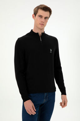 Erkek Slim Fit Yar_m Fermuarl_ Siyah Kazak