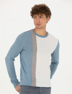 Koyu Mavi Slim Fit Bisiklet Yaka Y_n Kar___ml_ Triko Kazak