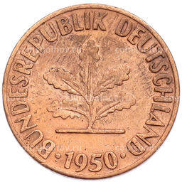 Монета 1 пфенниг 1950 года D Западная Германия (ФРГ)