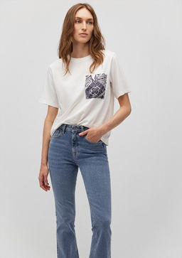 Bask?l? Beyaz Tisort