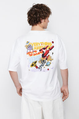 TRENDYOL MAN Beyaz Oversize/Genis Kesim Uzay Bask?l? %100 Pamuklu T-Shirt TMNSS24TS00085 - Trendyolmilla фото 5