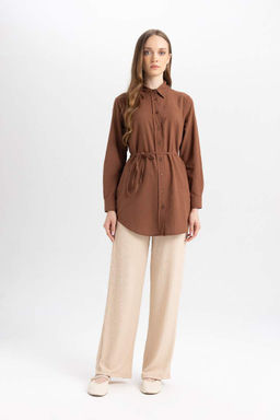 Базовая рубашка-туника из поплина с длинными рукавами стандартного кроя - Defacto фото 2