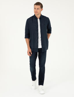 Lacivert Regular Fit %100 Keten G_mlek