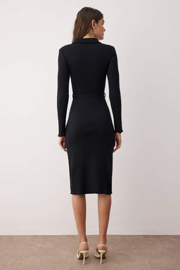 Trendyolmilla Siyah Vucuda Oturan Uzun Kol Polo Yaka Fitilli Dugmeli Esnek Midi Orme Elbise TWOAW23EL00115 фото 4