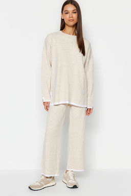 Bej Genis Kal?p Kontrast Renkli Triko Alt-Ust Tak?m TWOAW24AU00062