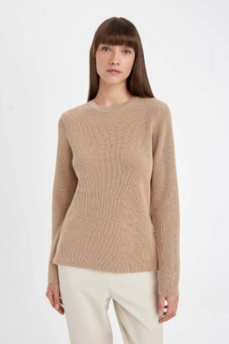 Женский свитер-туника из блестящей ткани обычного кроя с круглым вырезом - Defacto фото 4