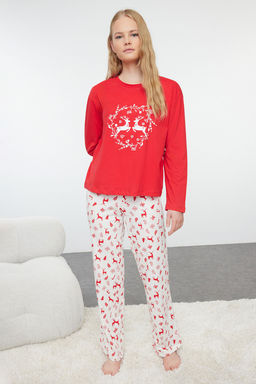 K?rm?z? %100 Pamuklu Y?lbas? Temal? Orme Pijama Tak?m? THMAW25PT00117