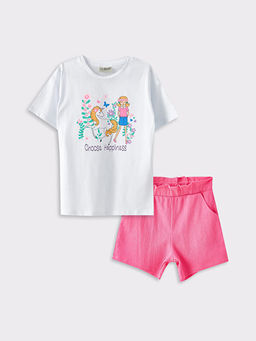 Bisiklet Yaka Bask?l? K?sa Kollu K?z ?ocuk Ti??rt ve ?ort