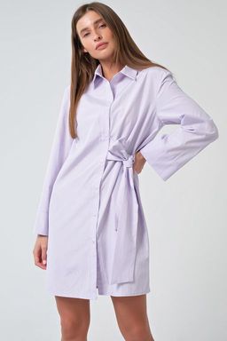 Платье-рубашка короткое из хлопка в полоску на сиреневом - Fly фото 3