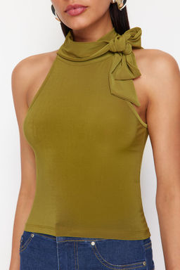 Trendyolmilla Yag Yesil Fular Baglama Detayl? Regular/Normal Kal?p Esnek Orme Bluz TWOSS24BZ00635  фото 4