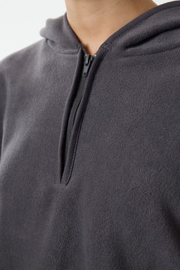 TRENDYOLMILLA Siyah Kal?n Polar Kapusonlu ve Fermuarl? Oversize/Genis Kal?p Orme Sweatshirt TWOAW22SW2063  фото 4