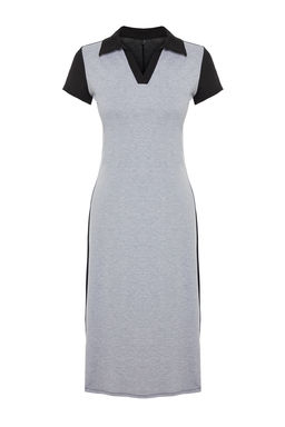 Siyah Polo Yaka Renk Bloklu Skater/Belden Ac?lan Pamuklu Esnek Orme Midi Elbise TWOSS24EL00480