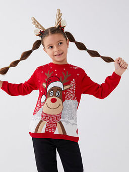 Bisiklet Yaka Y?lba?? Temal? Uzun Kollu K?z ?ocuk Triko Kazak