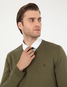 Koyu Haki Slim Fit V Yaka Basic Triko Kazak - Pierre cardin фото 2