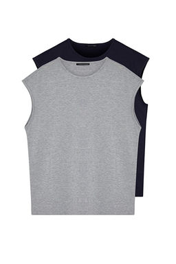 Basic Lacivert-Gri 2li Paket Oversize/Geni_ Kesim Pamuklu Kolsuz T-Shirt/Atlet TMNSS22AL0070 - Trendyolmilla фото 2
