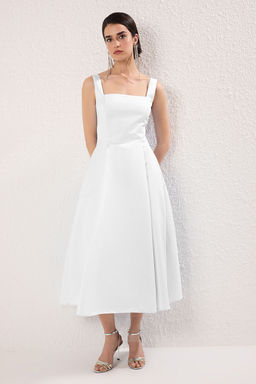 Beyaz A-Kesim Saten Dokuma S?k Abiye Gece Mezuniyet Elbisesi TPRAW25EL00040