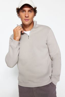 Gri Regular/Normal Kesim Dik Yaka Fermuarl? Pamuklu Basic Ici Polar Sweatshirt TMNAW24SW00041