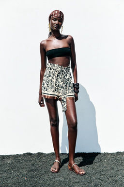 PRINTED SATIN PAPERBAG BERMUDA SHORTS
