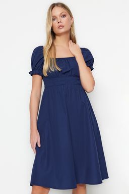 Lacivert Skater/Belden Ac?lan Balon Kollu Astarl? Midi Dokuma Elbise TWOSS22EL1768