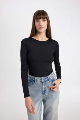 Женская черная облегающая базовая футболка с круглым вырезом и узким вырезом с длинными рукавами - Defacto фото 3