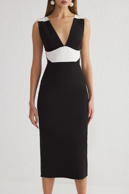 Siyah Beyaz V Yaka Dokuma Dugun/Nikah Uzun S?k Abiye Gece Mezuniyet Elbisesi TPRSS25EL00013 - Trendyolmilla фото 3