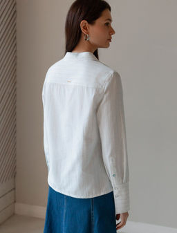 Блузка свободного силуэта в тонкую полоску из эластичного хлопка с добавлением льна - Vilatte фото 3