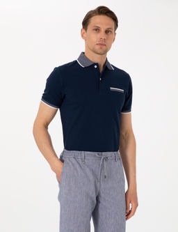 Lacivert Slim Fit %100 Pamuk D__meli Polo Yaka Ti__rt