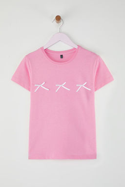 Pembe K?z Cocuk %100 Pamuk Kurdele Detayl? K?sa Kol Orme T-Shirt TKDSS25TS00105