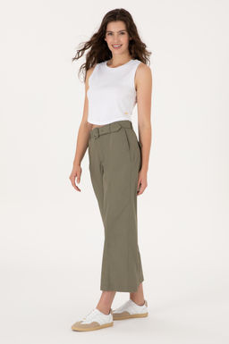 Kad_n Koyu Haki Flare Cropped Fit Kanvas Pantolon