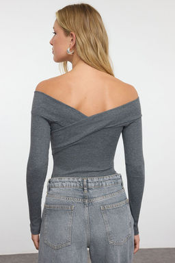 Koyu Gri Carmen Yaka Fitilli Alttan C?tc?tl? Esnek Orme Body TWOAW21BD0053