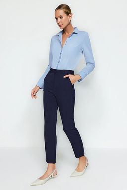 Lacivert Basic Cigarette Dar Paca Dokuma Kumas Pantolon TWOSS19ST0038