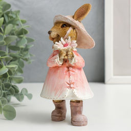 Фигурка полистоун Зайка в шляпке и дождевике с цветком и гусеницей, 14.5?6.5?8 см