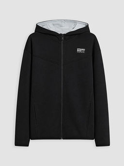 Kap??onlu Bask?l? Erkek ?ocuk Fermuarl? Sweatshirt