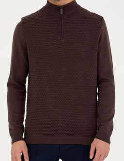 Kahverengi Slim Fit Fermuarl_ Dik Yaka Triko Kazak - Pierre cardin фото 6