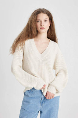 Трикотажный свитер оверсайз с V-образным вырезом - Defacto фото 3