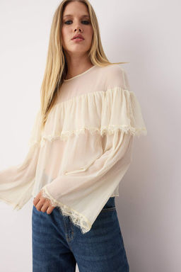 Ekru Sifon Dantel Detayl? Bisiklet Yaka Dokuma Bluz TWOAW26BZ00055