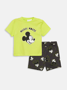 Bisiklet Yaka K?sa Kollu Mickey Mouse Bask?l? Erkek Bebek Ti??rt ve ?ort 2li Tak?m