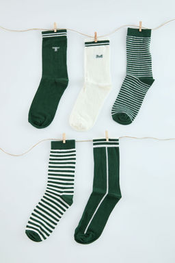 TRENDYOL MAN Yesil Unisex 5lu Pamuklu Cizgili Desenli Kolej-Tenis-Orta Boy Corap TMNAW25CO00001