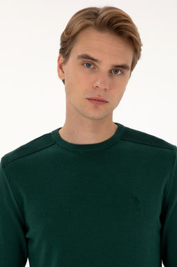 Erkek Slim Fit Bisiklet Yaka Ye_il Basic Kazak